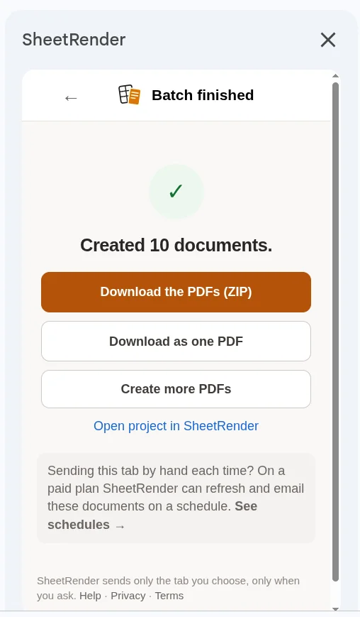 The SheetRender sidebar after a run, with the message Created 10 documents and buttons to download the PDFs as a zip or as one PDF