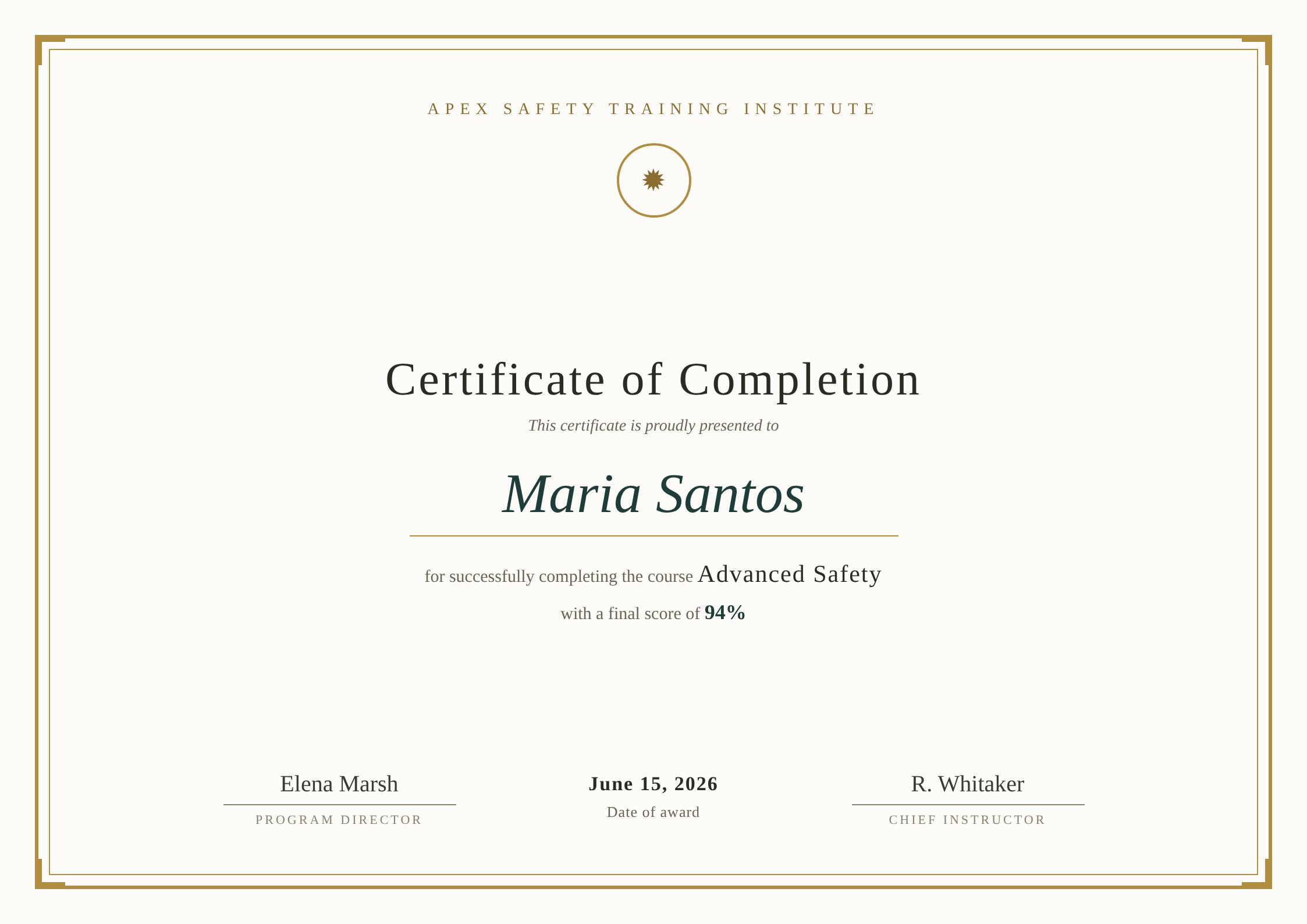A landscape certificate of completion for Maria Santos, Advanced Safety course, with an ornate gold border.