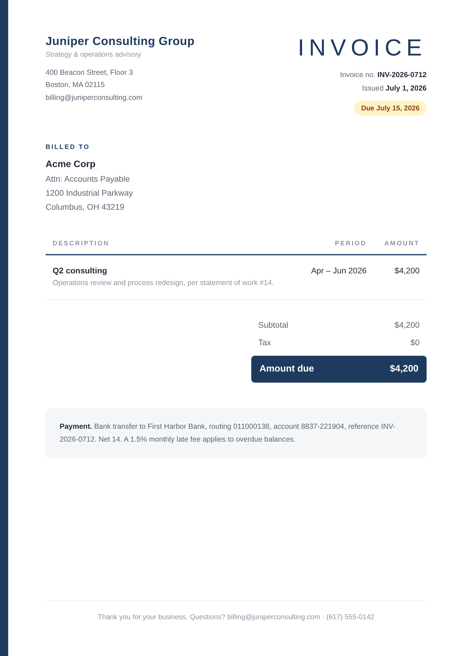 A navy-accented invoice from Juniper Consulting Group to Acme Corp for $4,200.