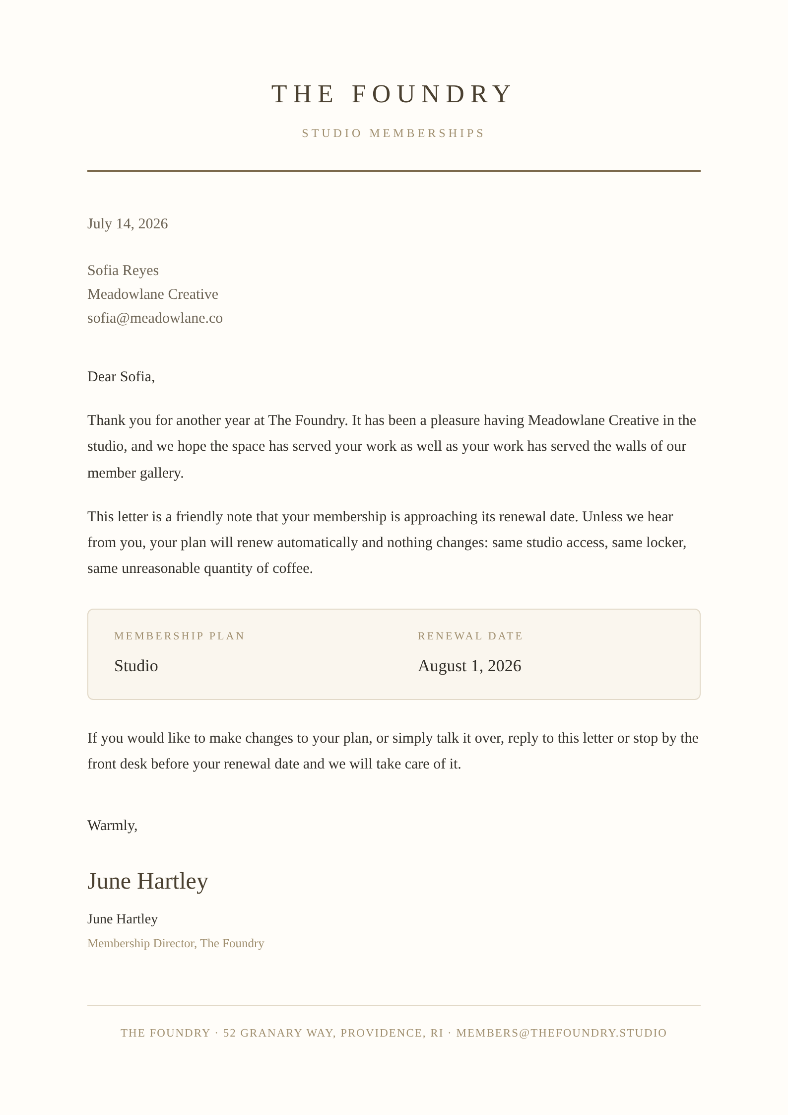 A sample personalized renewal letter: The Foundry studio writes to Sofia Reyes of Meadowlane Creative about her Studio plan renewing on August 1, 2026, on an elegant letterhead page.