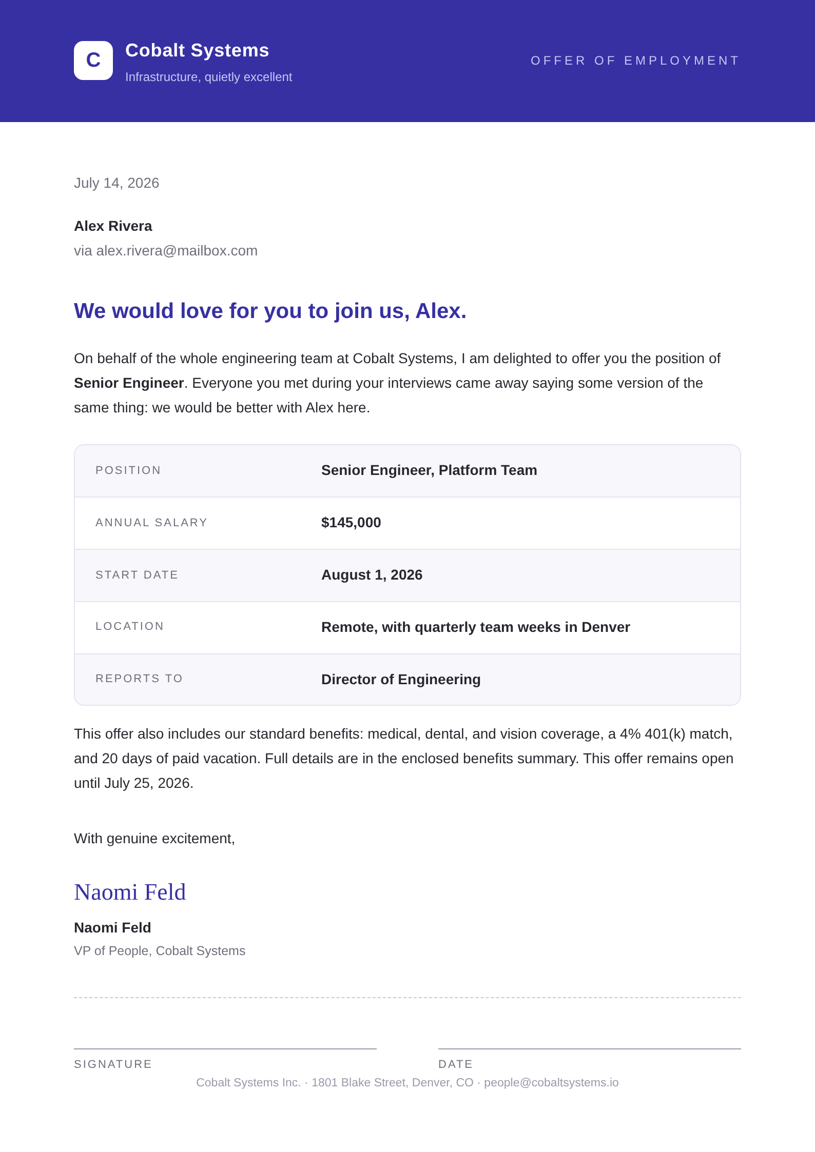 A branded offer letter from Cobalt Systems to Alex Rivera for a Senior Engineer position.