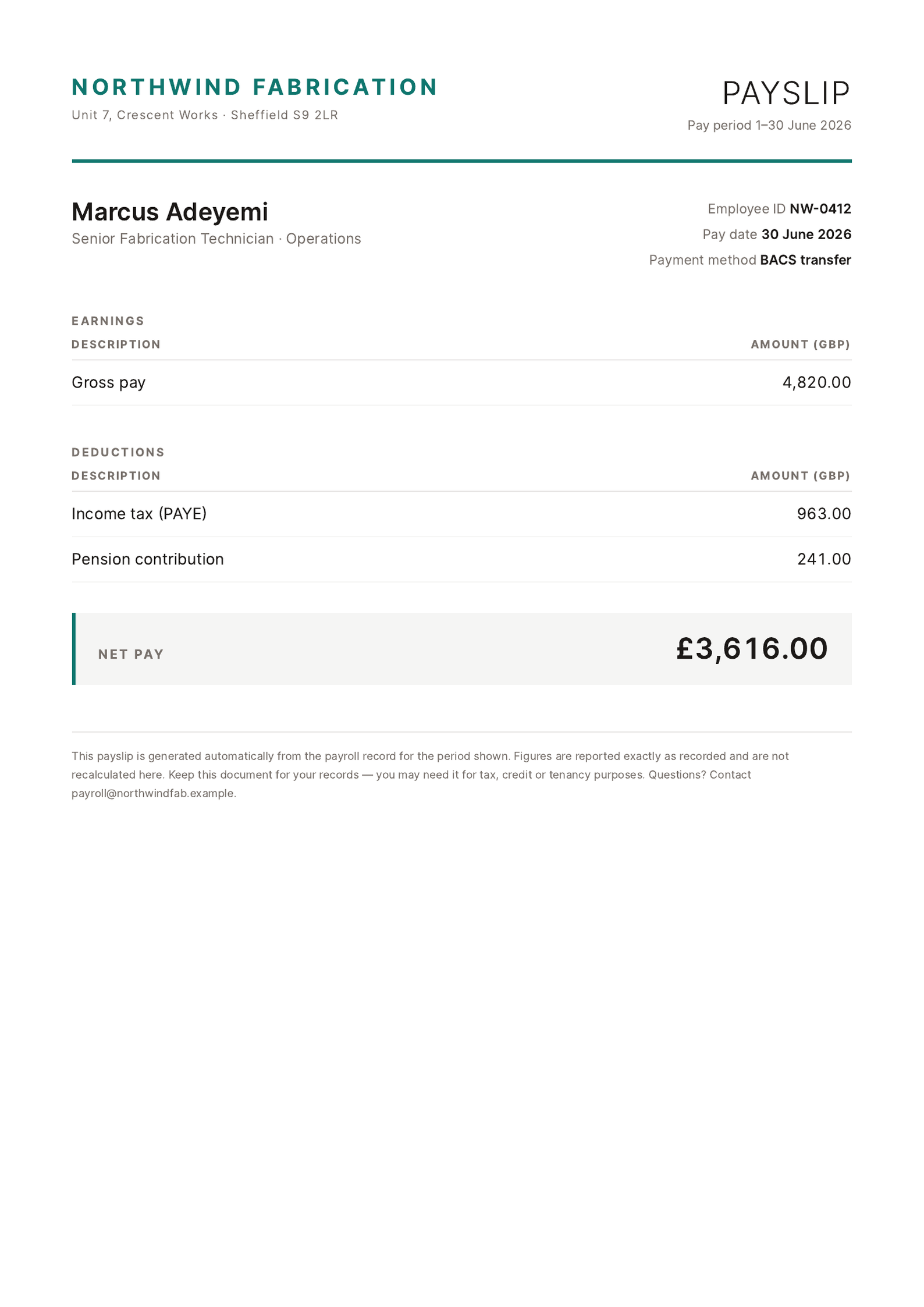 A payslip from Northwind Fabrication for Marcus Adeyemi, showing gross pay, tax and pension deductions, and net pay of £3,616.00.