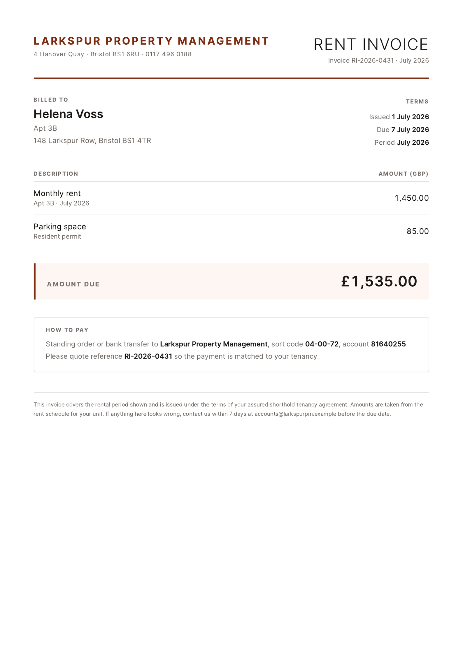 A July rent invoice from Larkspur Property Management to tenant Helena Voss for £1,535.00, covering monthly rent and a parking space.