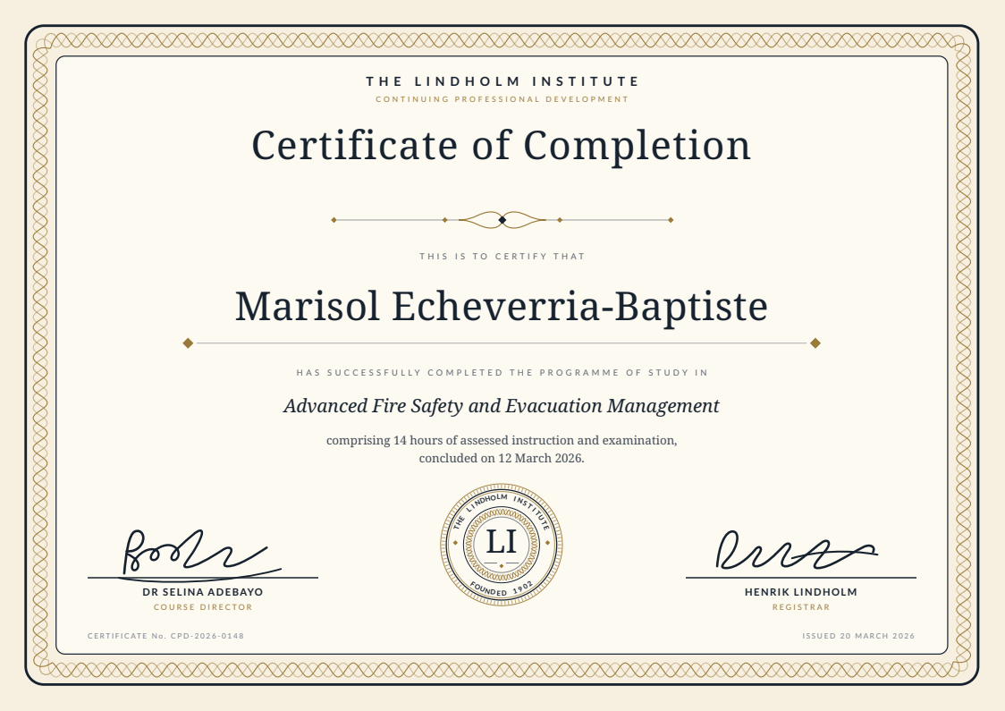 Landscape certificate on warm cream paper inside a woven gold border, headed Certificate of Completion, with the recipient name set large in serif above a ruled line and a round institute seal between two signatures.