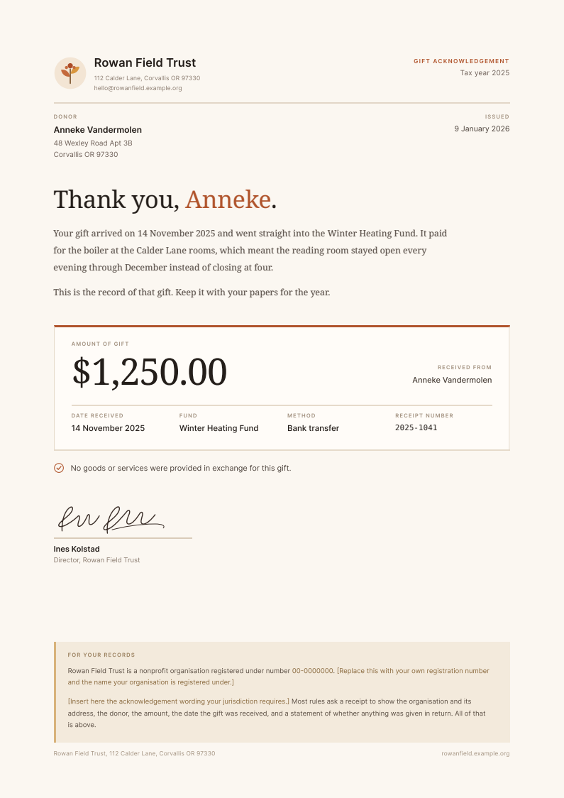 A one page donation receipt on off-white paper: a terracotta sprig mark beside the organisation name, a serif thank you line addressed to the donor, a boxed gift summary with the amount set large, and a tinted panel of record keeping notes at the foot.