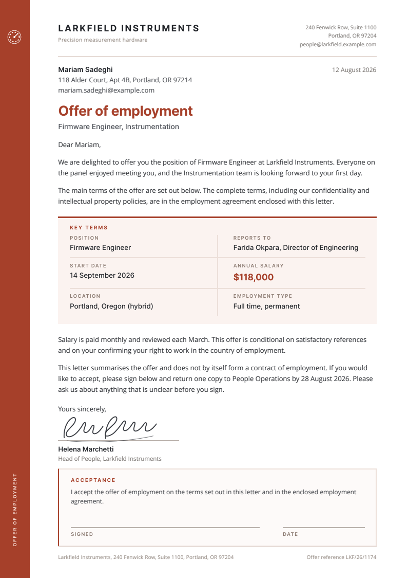A one-page A4 offer letter from Larkfield Instruments to Mariam Sadeghi, with a rust-coloured left spine, a key terms panel showing a $118,000 salary and a 14 September 2026 start date, a signature block, and an acceptance line for the candidate to sign and date.