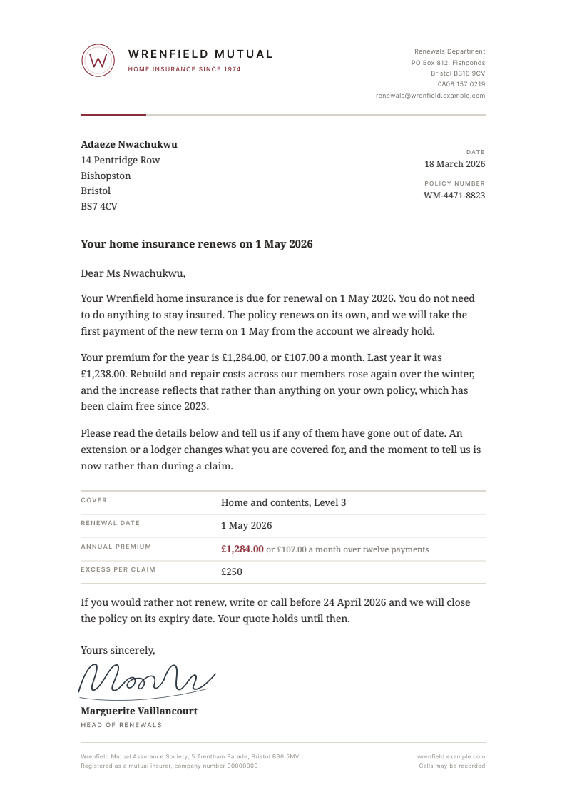 A one-page renewal notice on a Wrenfield Mutual letterhead, addressed to Adaeze Nwachukwu, with a policy details table and a signed sign-off.